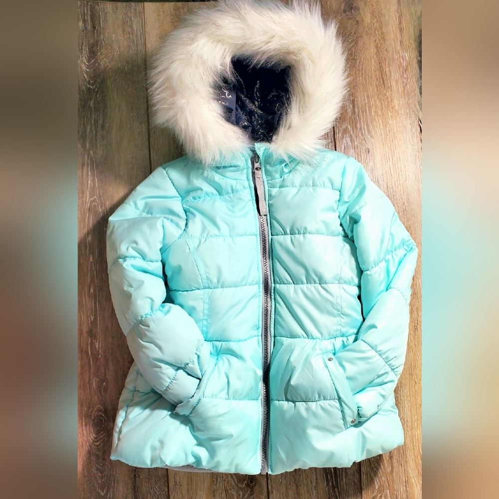Jessica Simpson Light Teal Puffer Jacket with Faux Fur Hood Size 5-6